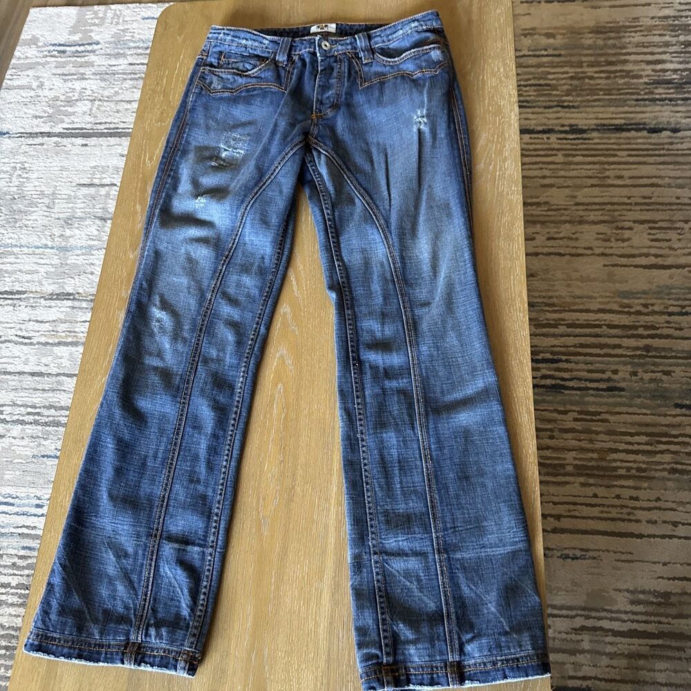 VNTG Antik Denim Women 33 Distressed Straight Leg Jeans Stitching Southwest Y2K